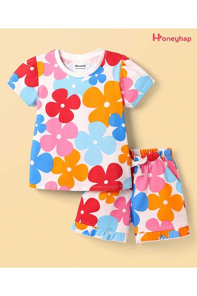 Honeyhap 100% Premium Cotton Bio Finish Half Sleeves Shorts Night Suit - Bright White