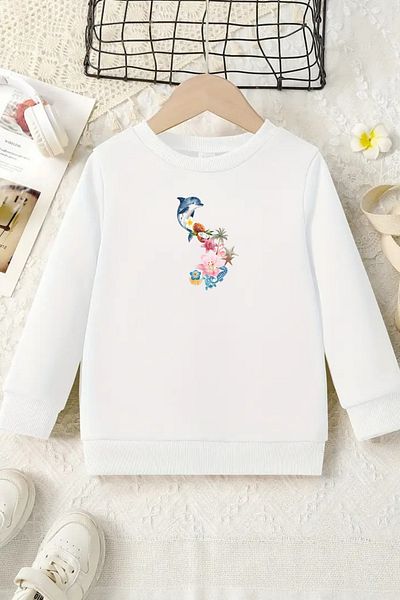 VBSVİBES Unisex White Kids Crew Neck Sweatshirt –Dolphin Dreams,Printed Thick Fabric