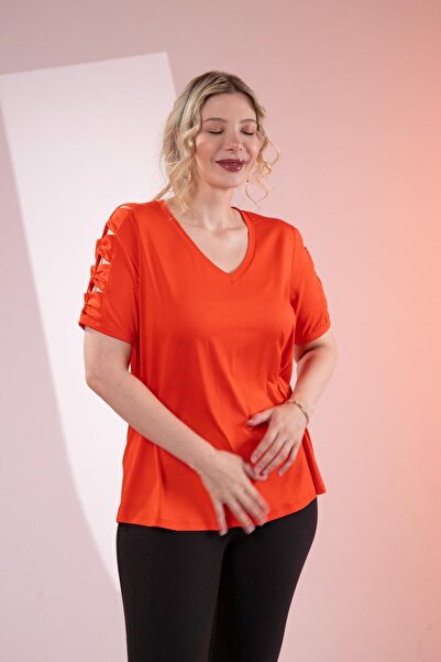 Roxxlen Γυναικεία μπλούζα με λεπτομέρεια στο μανίκι σε μεγάλο μέγεθος πορτοκαλί μαύρο