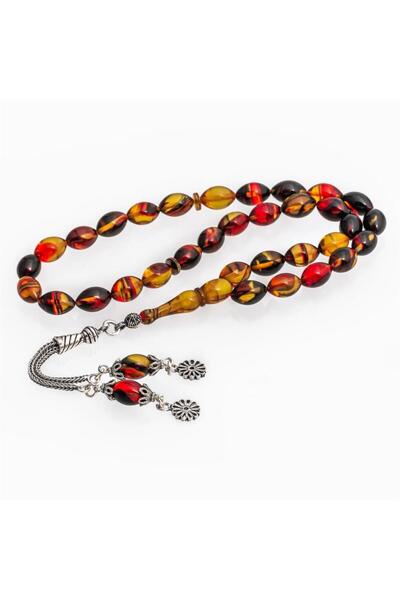 ALYANSEVİM 925 Sterling Silver Tasseled Mixed Color Amber Rosary