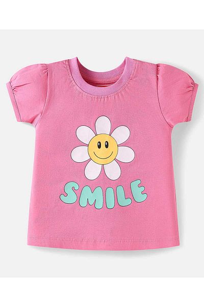 Babyhug T-Shirt and Shorts Set with Smile & Floral Print - Pink