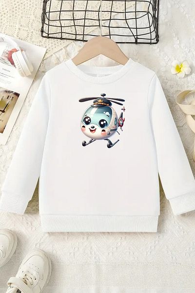 VBSVİBES Unisex White Kids Crew Neck Sweatshirt – Helicopter, Printed Thick Fabric