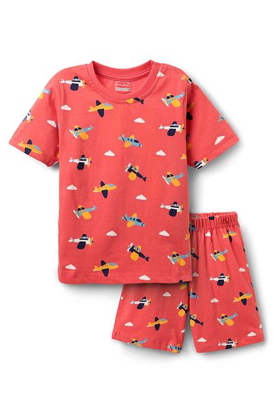 Babyhug Cotton Knit Half Sleeves T-Shirt and Shorts With Aeroplane Print - Red