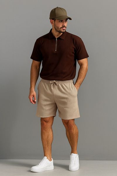 NewCabin Ribbed Ottoman Premium Fabric Half Zipper Unisex T-Shirt and Shorts Set of 2