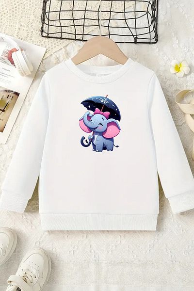 VBSVİBES Unisex White Kids Crew Neck Sweatshirt – Elephant, Printed Thick Fabric