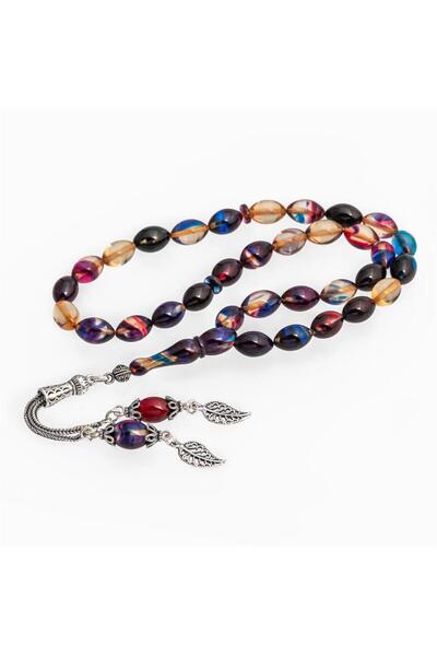 ALYANSEVİM 925 Sterling Silver Tasseled Mixed Color Amber Rosary