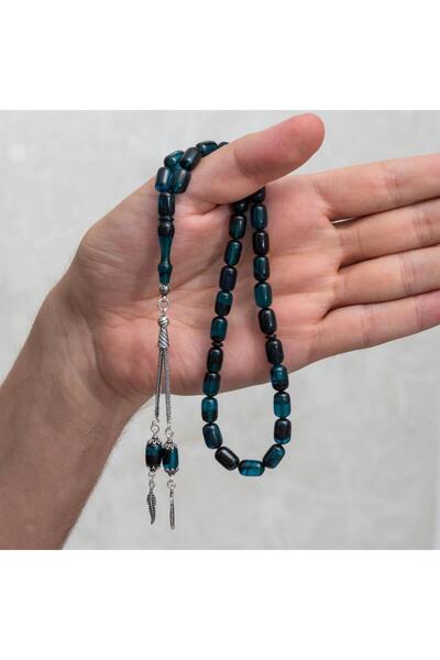 ALYANSEVİM 925 Sterling Silver Tasseled Dark Blue Capsule Cut Amber Prayer Beads