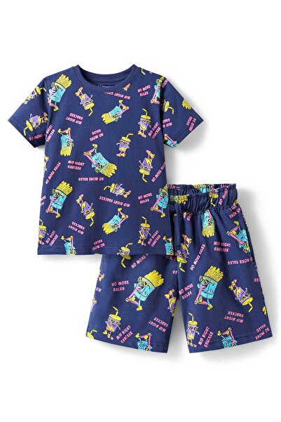 Pine kids شورت نوم بأكمام نصفية من قماش جيرسي محبوك مع طبعة وجبات خفيفة - أزر...