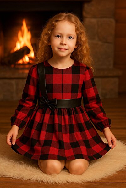 ESİLA KİDS Kız Çocuk Elbise Kırmızı Siyah Ekose Desen Kuşak ve Fiyonk Deri Detaylı Uzun Kollu 3-8 yaş