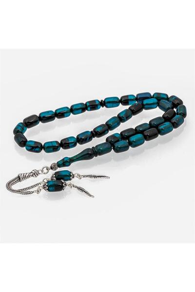 ALYANSEVİM 925 Sterling Silver Tasseled Dark Blue Capsule Cut Amber Prayer Beads