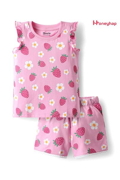 Honeyhap Premium 100% Cotton Frill Sleeves Co-ords Short Night Suit with Tropical Theme Print - Pink