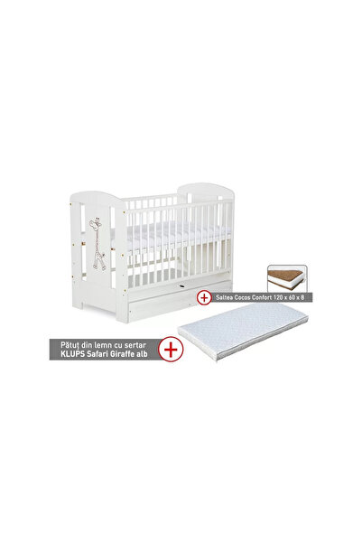 Klups Baby Cot with Drawer Safari Giraffe White + Mattress 8 Comfort II