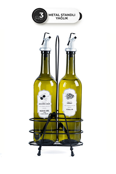 Homekolik 3 Piece 750 ml Glass Oil & Vinegar Set – with Metal Stand, Drip-Free Head