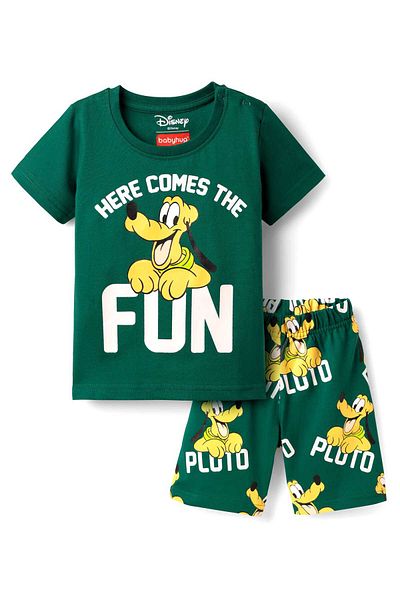 Babyhug Disney Single Jersey Knit Half Sleeve Short Night Suit With Pluto Graphic - Dark Green