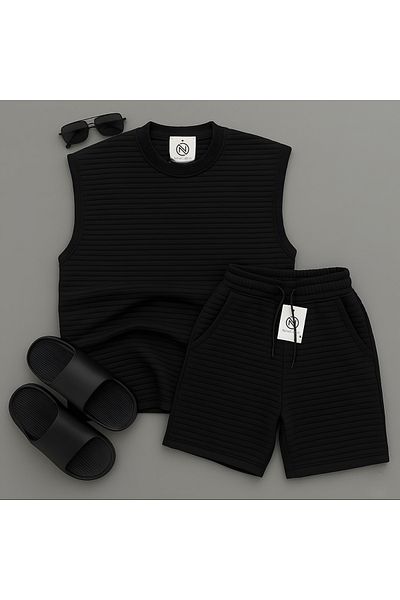 NewCabin New Season Men's Zero Sleeve Premium Quilted Textured Tshirt -Shorts Set of Two