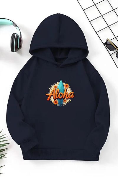 CLAYES Hanorac unisex albastru bleumarin pentru copii – Aloha, țesătură groasă cu șapcă imprimată