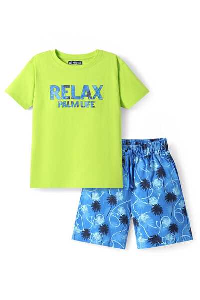 Pine kids بدلة نوم قصيرة بأكمام نصفية من قماش جيرسي محبوك بطبعة نخيل - أخضر ل...