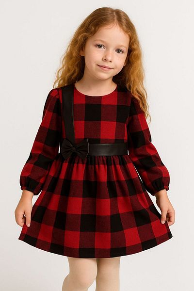 ESİLA KİDS Girls' Dress Red Black Plaid Pattern Sash and Bow Leather Detail Long Sleeve 3-8 Years