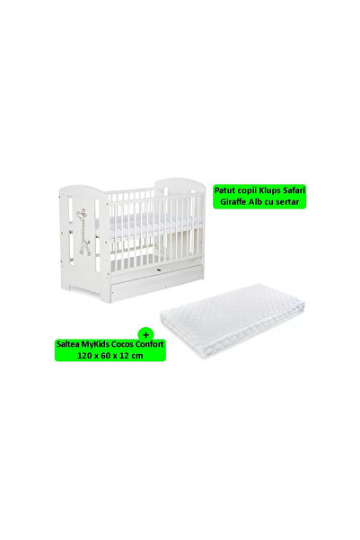 Klups Patut Cu Sertar Safari Žirafa Alb + Saltea 12 MyKids
