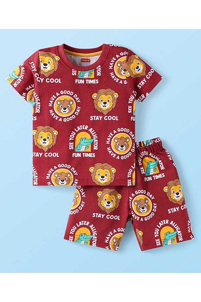 Babyhug Co-Ords Shorts Night Suit With Animal & Text Print - Maroon