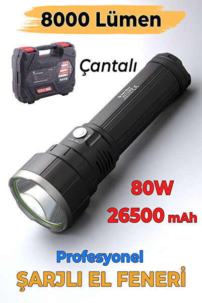 Badem10 El Feneri 8000 Lümen 80W Uzun Menzil Metal Kasa Şarjlı Powerbank Ledl...