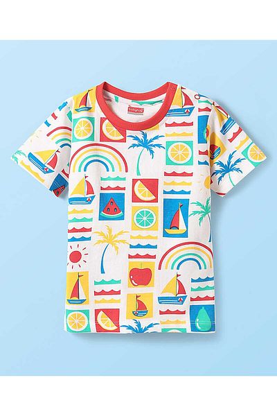 Babyhug Shorts Night Suit With Fruit & Boat Print - White