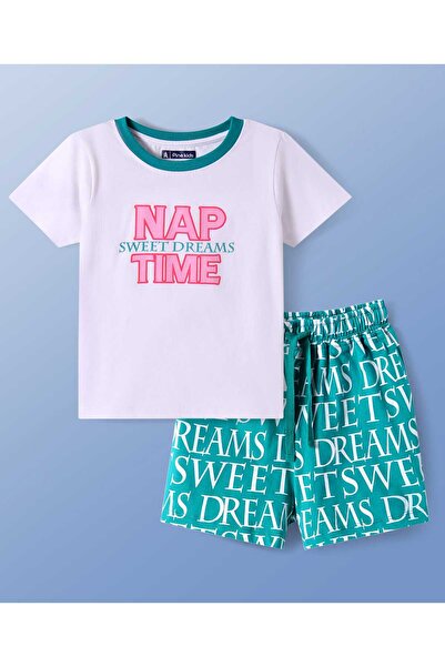 Pine kids شورت ليلي مطبوع عليه نص - أبيض وأخضر