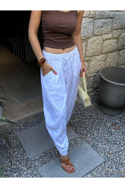 minaaise White 100% Organic Fabric Loose Cut Design Trousers 29267
