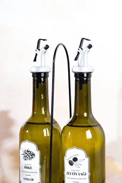 Homekolik 3 Piece 750 ml Glass Oil & Vinegar Set – with Metal Stand, Drip-Free Head