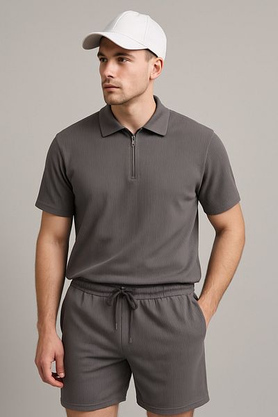 NewCabin Ribbed Ottoman Premium Fabric Half Zipper Unisex T-Shirt and Shorts Set of 2