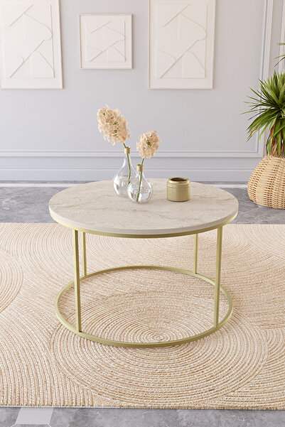 Huga Metal Royal Orta Sehpa, Traverten Desenli, Krem Mermer Desenli Sehpa