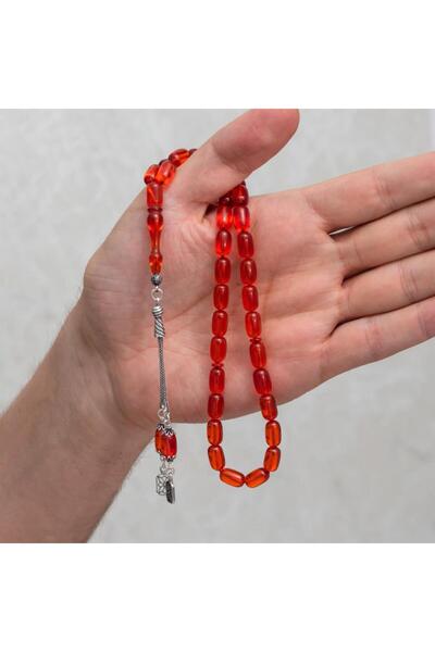ALYANSEVİM 925 Sterling Silver Tasseled Orange Color Capsule Cut Amber Prayer Beads