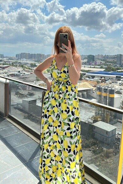 Pulli Collection Lemon Patterned Viscose Strap Summer Dress