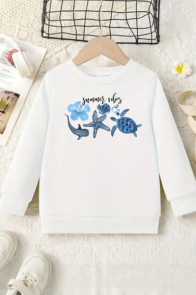 VBSVİBES Unisex White Kids Crew Neck Sweatshirt –Summer Vbs,Printed Thick Fabric