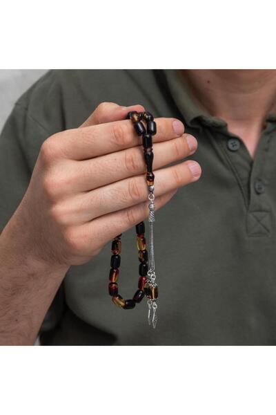 ALYANSEVİM 925 Sterling Silver Tasseled Capsule Cut Amber Rosary