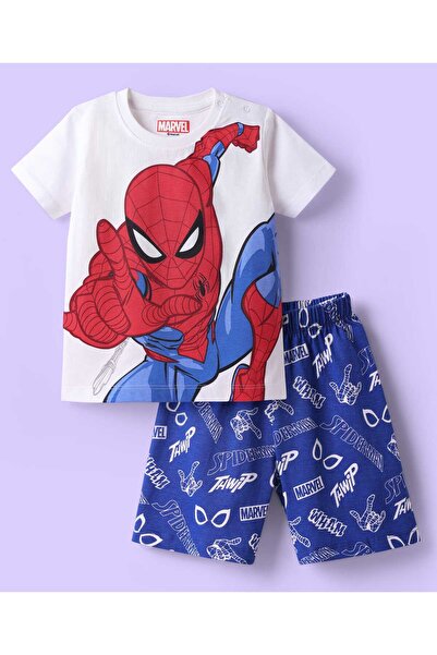 Babyhug Marvel بدلة نوم قصيرة من الجيرسي مع رسومات سبايدر مان - أبيض وأزرق