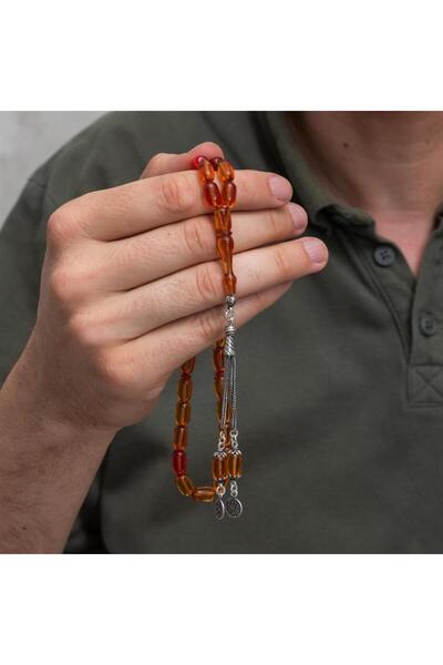 ALYANSEVİM 925 Sterling Silver Tasseled Capsule Cut Yellow Amber Prayer Beads