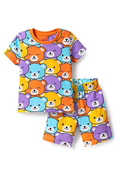 Babyhug شورت نوم قطني بأكمام نصفية وطبعة دب - متعدد الألوان