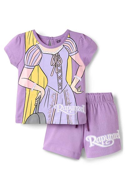 Babyhug Disney بدلة نوم قصيرة من الجيرسي مع رسومات رابونزل - لافندر