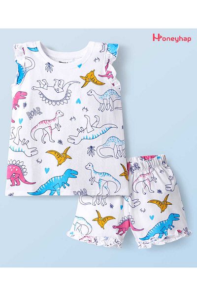 Honeyhap T-Shirt and Shorts Set with Dino Print & Bio Finish - Bright White