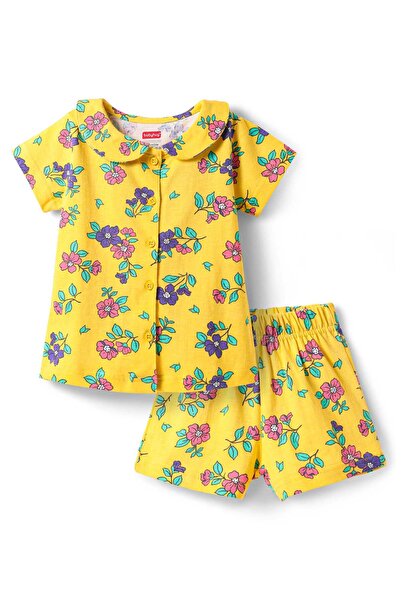 Babyhug شورت نوم قطني بأكمام نصفية وياقة بيتر بان مع طبعة زهور - أصفر