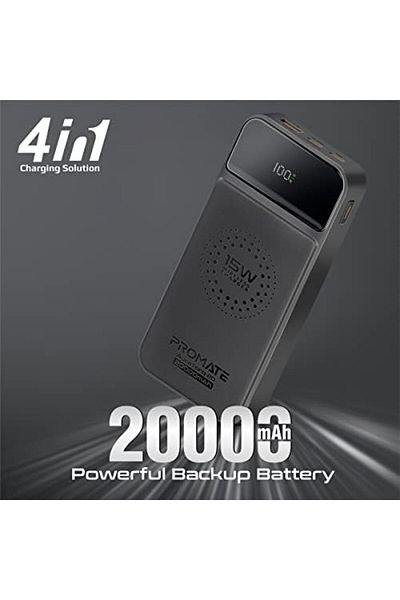 Promate Power Bank, Portable 20000mAh 15W Qi Wireless Charger with 20W USB-C Power Delivery Port, 18
