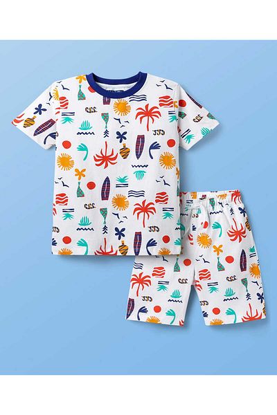 Pine kids Single Jersey Knit Half Sleeves Shorts Night Suit with Beach Theme Print - White