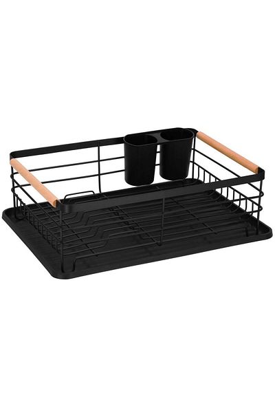 SERSIMO Uscator de vase cu suport tacamuri, din otel, cu tava de scurgere, manere lemn, 42x32x15cm, negru