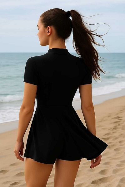 miss ledonna Lycra Zippered United Shorts Skirted Swimsuit Black