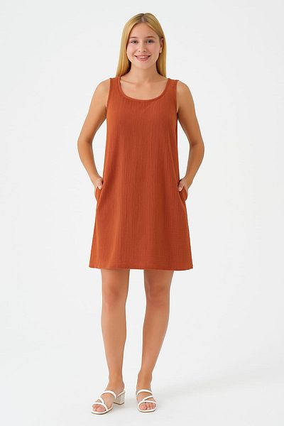 enmodaiçgiyim Brick Color 100% Cotton Muslin Fabric Short Women's Dress with Pockets – Summer Comfortable Casual Dress
