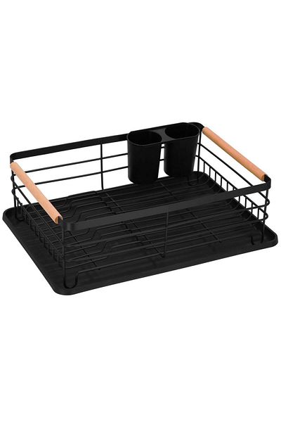 SERSIMO Uscator de vase cu suport tacamuri, din otel, cu tava de scurgere, manere lemn, 42x32x15cm, negru