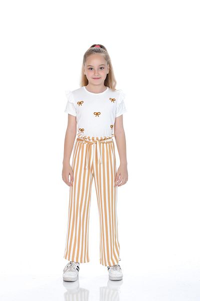 Kamex Girls' Suit with Bow Embroidered T-Shirt and Striped Milan Fabric Pants