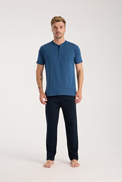 Akbeniz Ανδρικό σετ πιτζάμες με κοντό μανίκι με κουμπιά Indigo