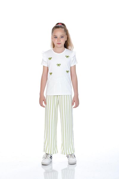 Kamex Girls' Suit with Bow Embroidered T-Shirt and Striped Milan Fabric Pants